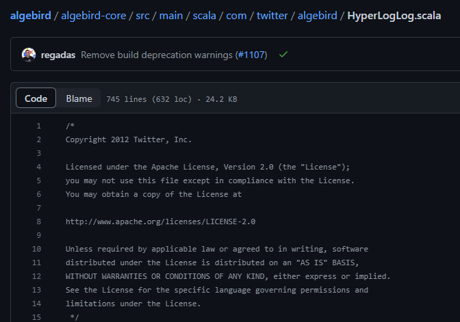 Image of the HyperLogLog class from Algebird in github, displaying the header at the top saying it’s licensed under the Apache License